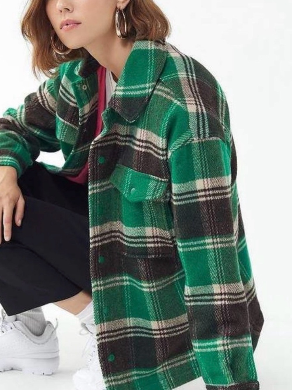 Urban Outfitters Green Plaid Snap Button Front Lined Shacket Jacket Oversize XS